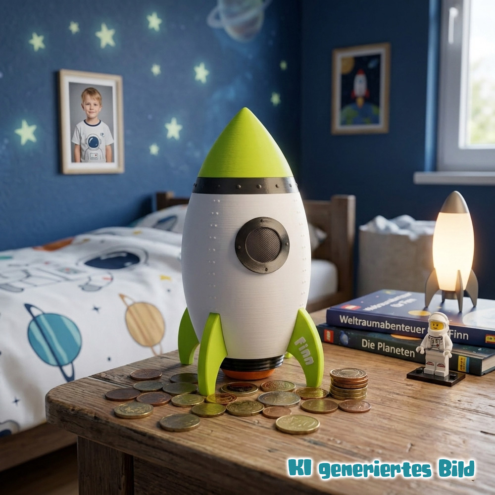 Raketen-Spardose – personalisierbar mit Name & Farbe